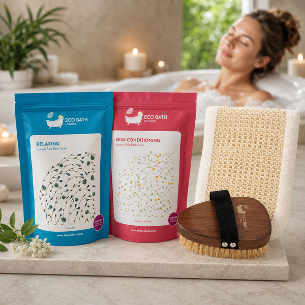 Eco Bath London Epsom salt bath soaks with natural body scrubber and bath brush for home spa self-care