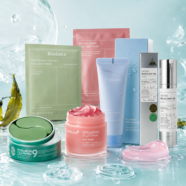 Korean skincare products with collagen cream, face masks, eye patches and serum in a water-inspired beauty setting