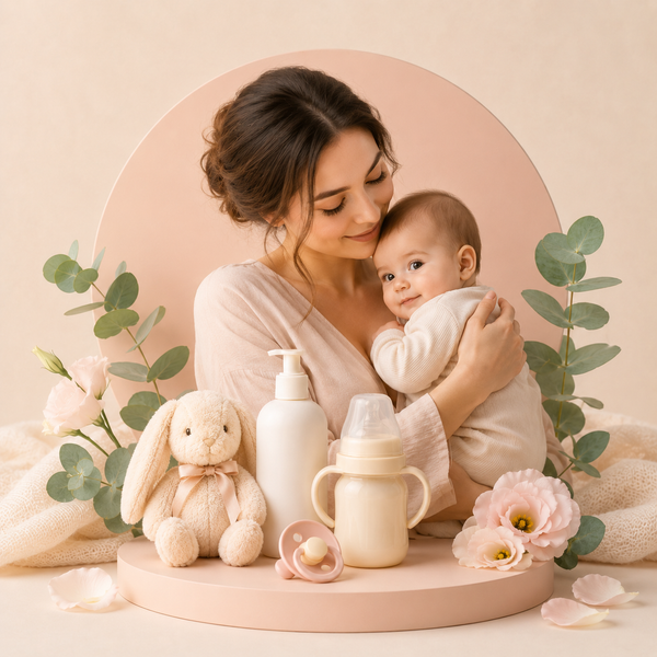 Mother and baby care products with feeding bottle, pacifier, baby lotion and soft toy arranged in a soft pastel setting