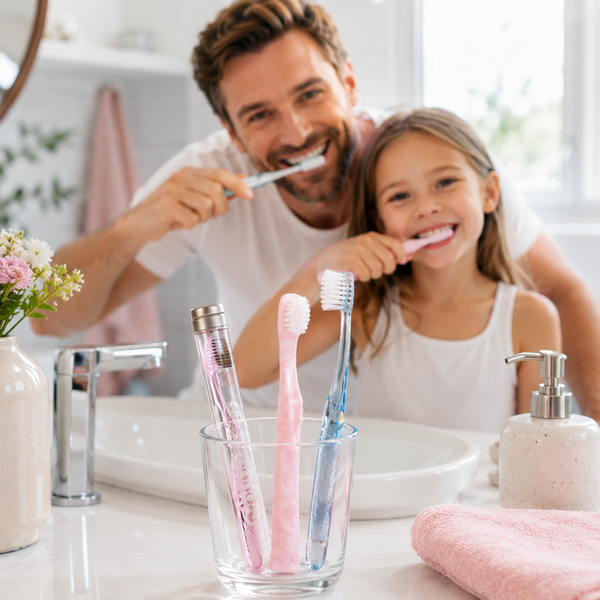 Nano-b toothbrushes for adults and kids displayed during a family brushing routine