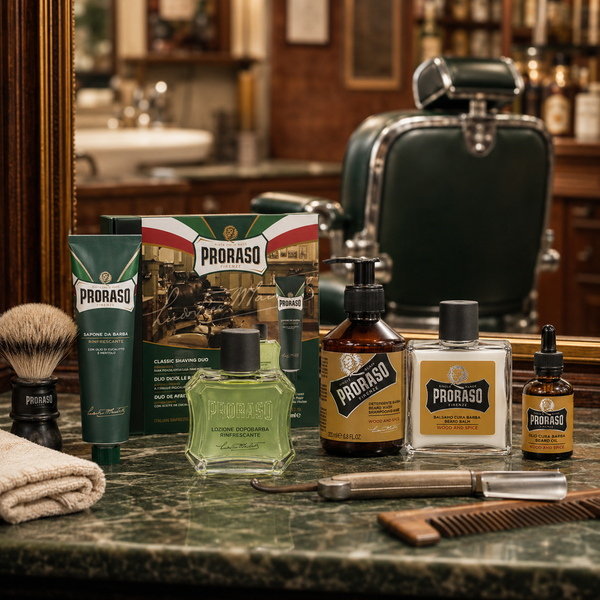 Proraso men’s shaving and beard care products with aftershave, beard oil, beard wash and shaving cream in a barber shop