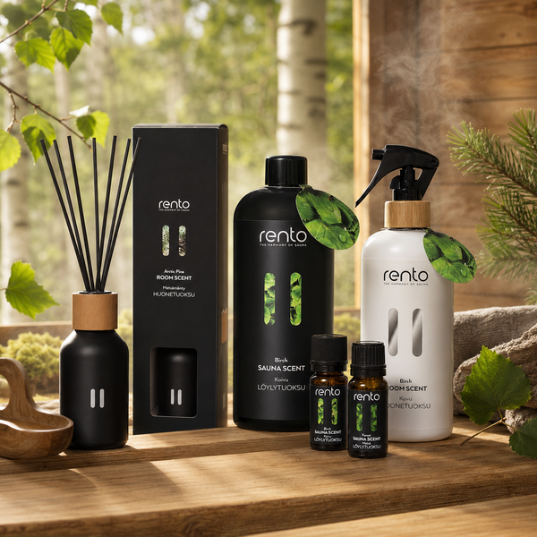 RENTO birch and pine sauna scents with room diffuser and fragrance spray in a Finnish sauna setting