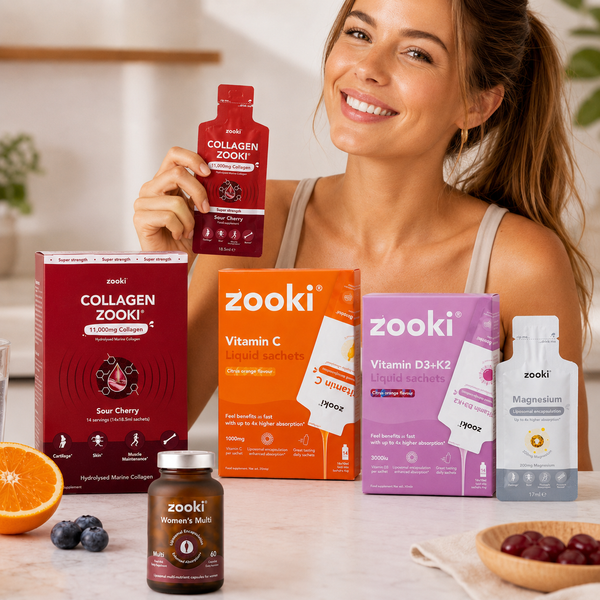 Zooki liquid vitamins and collagen sachets, including vitamin C, vitamin D3 K2, magnesium and women’s multivitamin