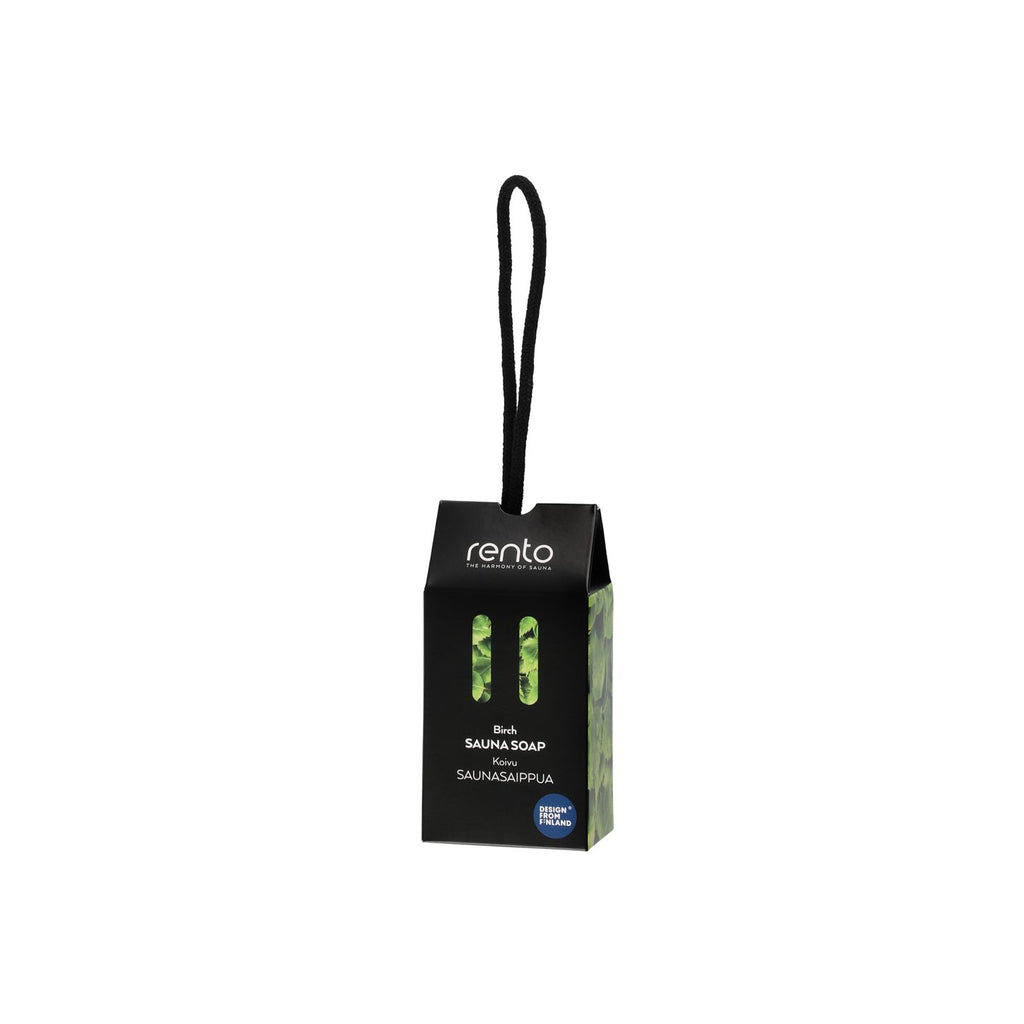 Black soap packaging with green design and 'rento' branding on a white background