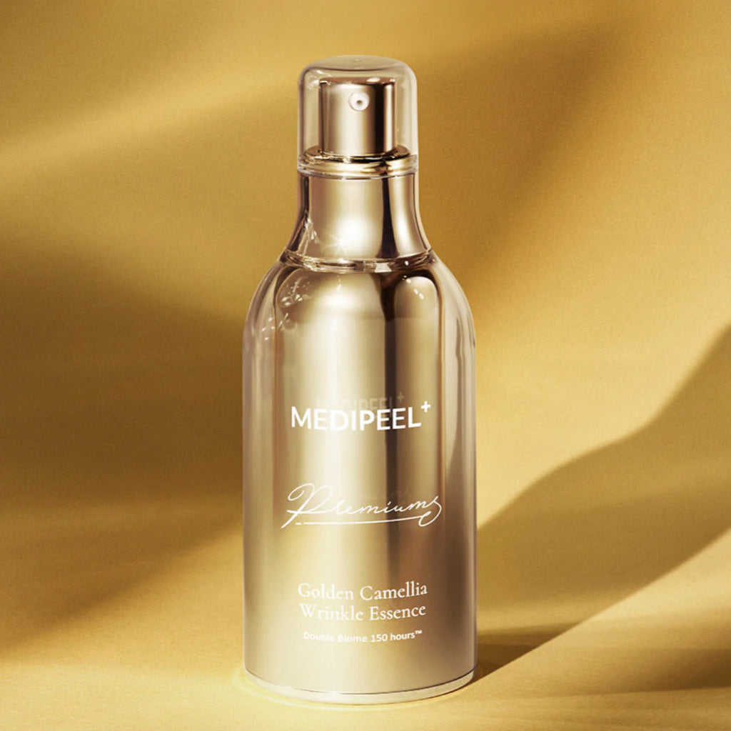 Medipeel skincare bottle on a gold background