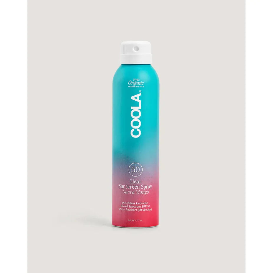 A bottle of COOLA Body Continuous Spray with Guava-Mango SPF 50, featuring a blue and pink color gradient design.