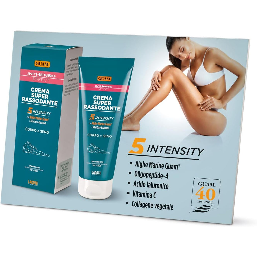 GUAM Crema Super Rassodante packaging with a woman in white underwear on a light blue background