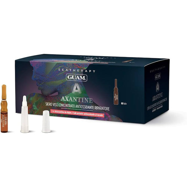 GUAM Axantine skincare product packaging with ampoules on a white background