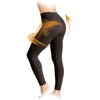 Black leggings with a gold emblem on a white background