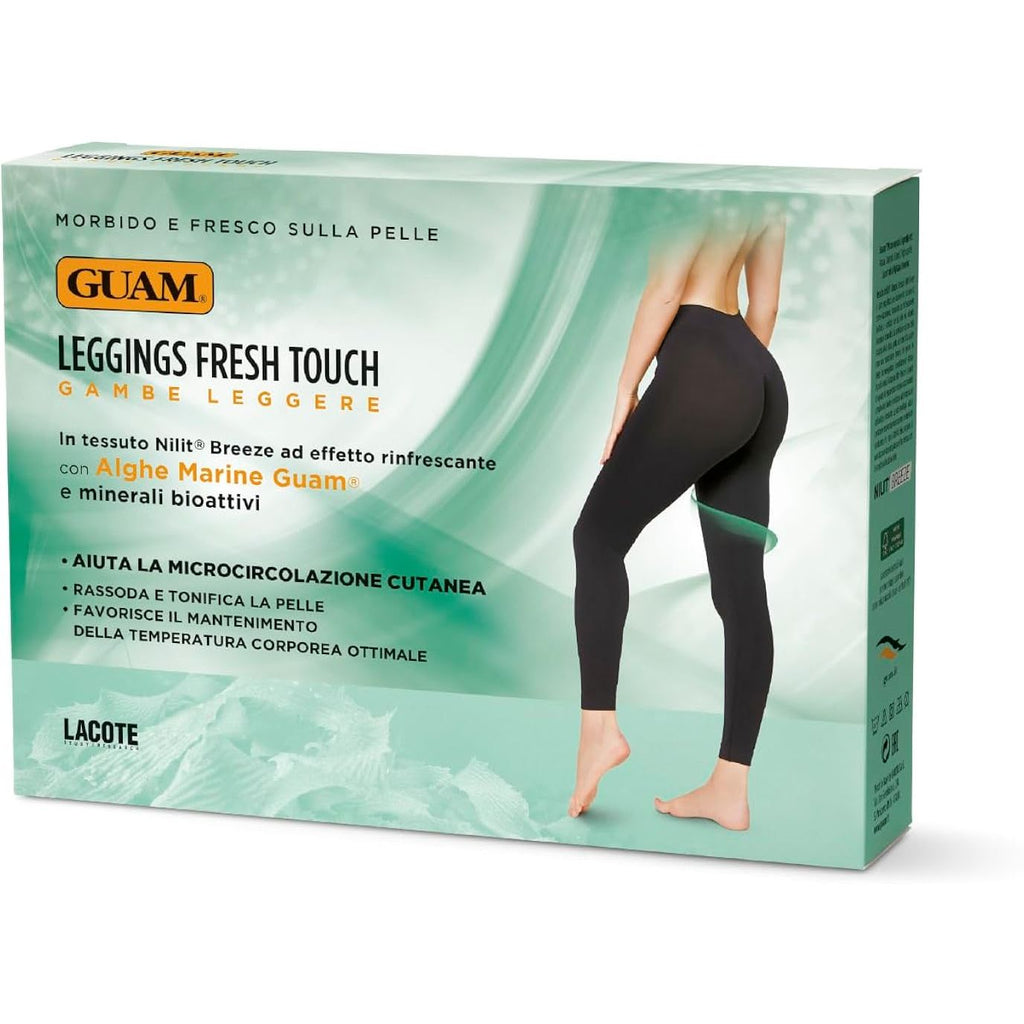 Box of Guam leggings with a woman wearing black leggings on a light green background