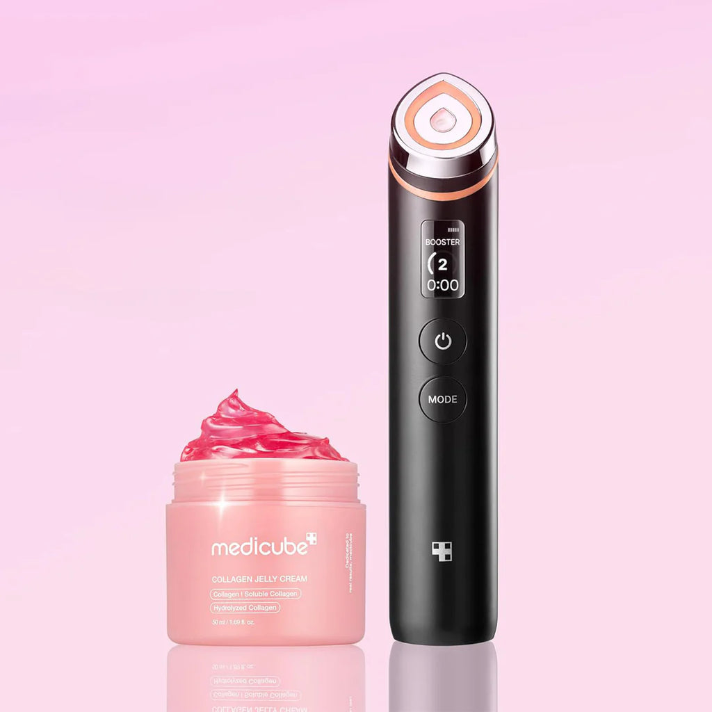 Medicube Collagen Jelly Cream jar  Beauty device and cream container on a pink background
