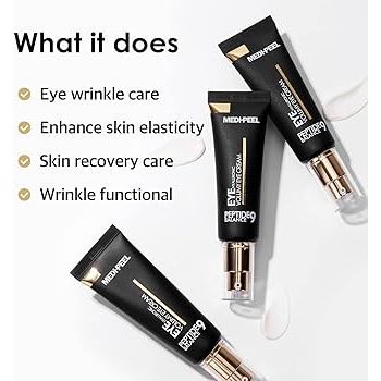 Black skincare tubes  MEDI-PEEL Eye Peptide 9 Volumy Eye Cream with text on a white background