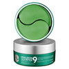 A container of MEDIPEEL Hyaluronic Cica Peptide 9 Ampoule Eye Patch with one patch partially removed from the container, showing a green hydrogel patch with black and white design elements.