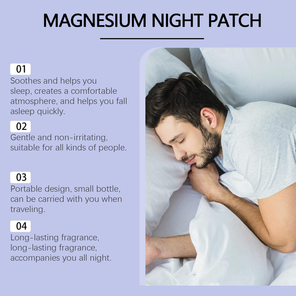 Man sleeping with magnesium night patch advertisement showing benefits and usage.