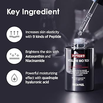 Medpeel Peptide 9 Volume Bio Tox  with key ingredients listed on a dark background
