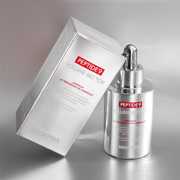 Medpeel Peptide 9 Volume Bio Tox skincare product and packaging on a gray background