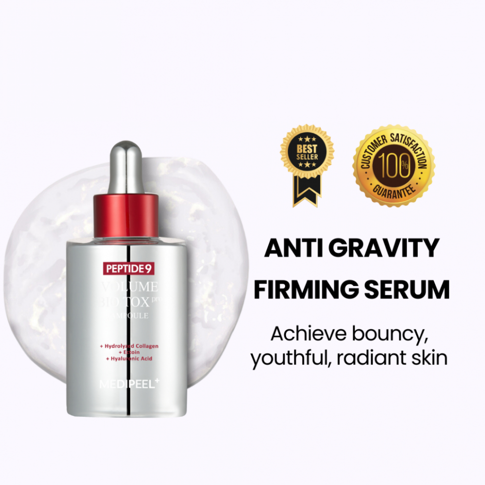 Anti-gravity firming serum with dropper bottle on a white background
