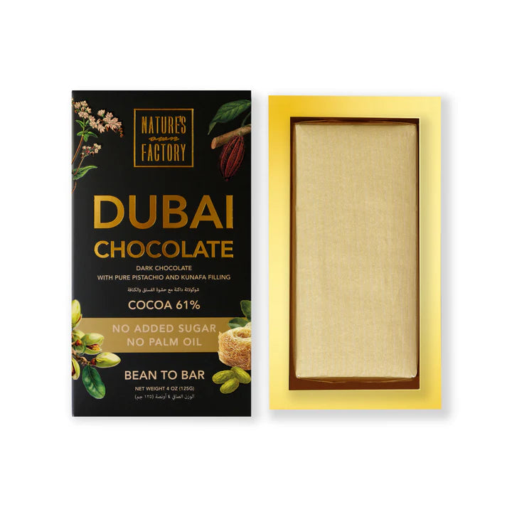 Dubai Chocolate packaging with a bar of chocolate on a white background