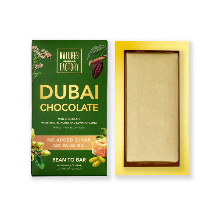 Nature's Own Factory Dubai Chocolate bar with packaging on a white background