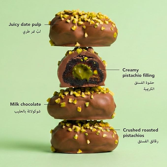 Chocolate dates dessert with pistachios labeled on a green background