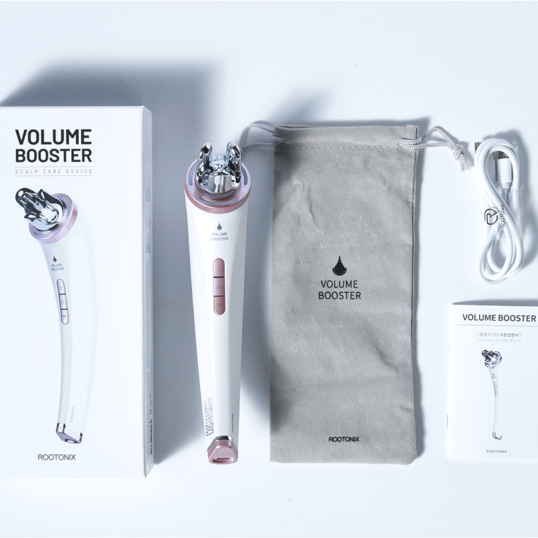 Volume Booster device with packaging and accessories on a white background