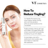 VT Cosmetics advertisement with a woman holding a skincare product and text on reducing tingling.