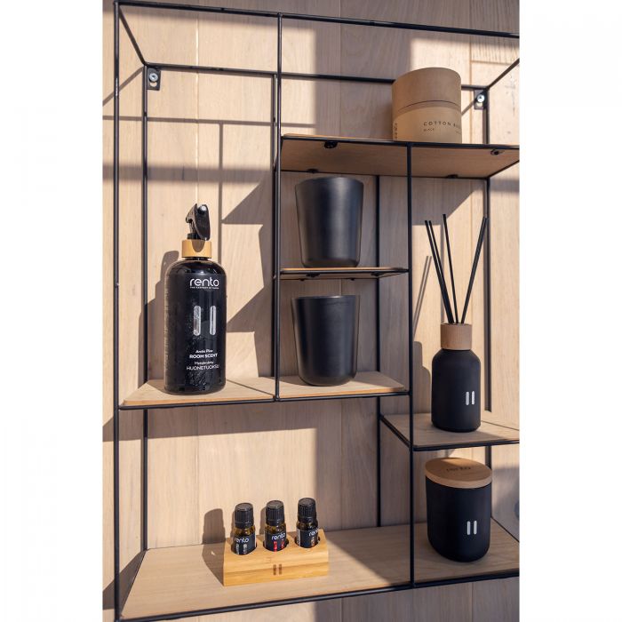 Display of Rento products on a wooden shelf with glass panels.