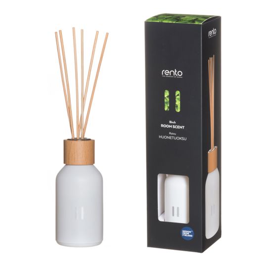 White diffuser bottle with wooden sticks and black packaging displaying 'rento' brand.
