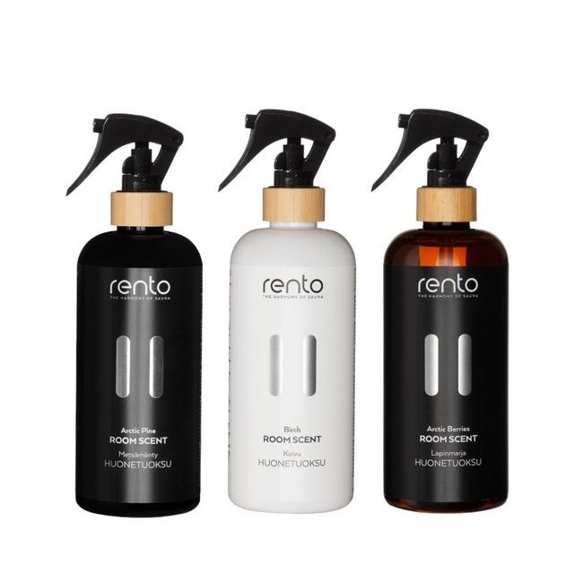 Three Rento room scent bottles in black, white, and brown on a white background