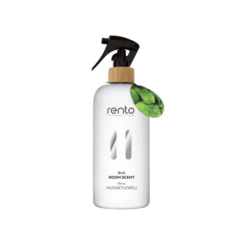 White room scent spray bottle with black nozzle and green leaf design on a white background