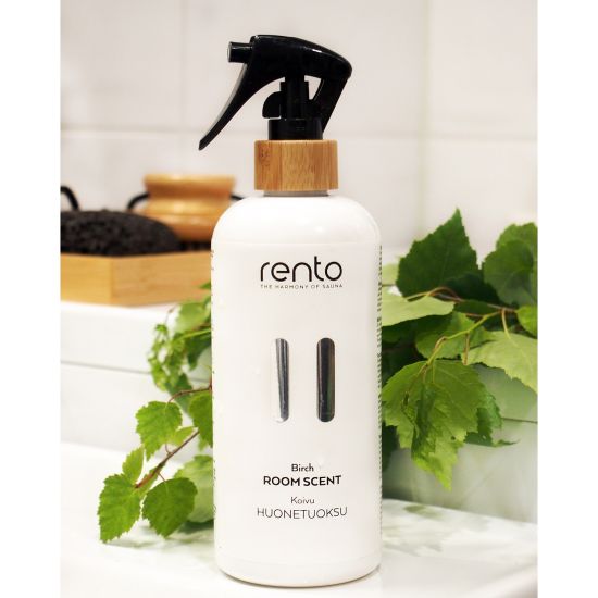 White bottle with black spray nozzle labeled 'rento' on a white background with green leaves.