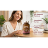 Woman holding a bottle of zooki Women's Multi on a table with product details overlay.