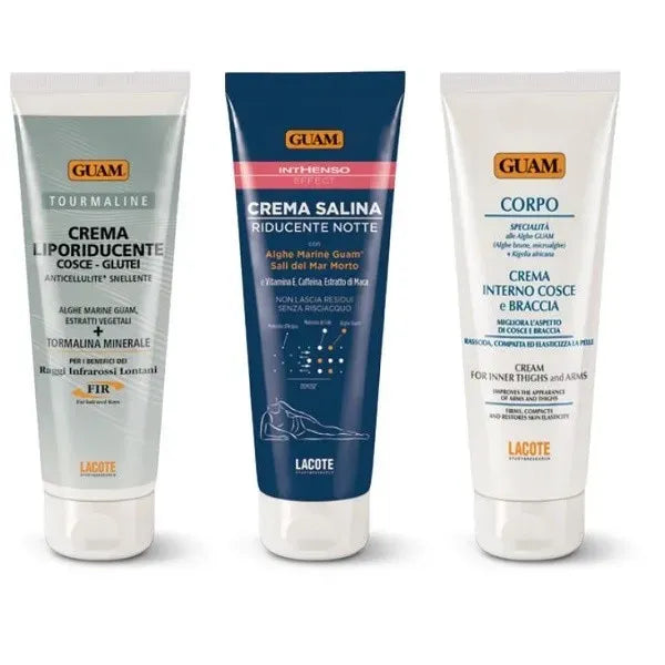 Three Guam skincare products on a white background