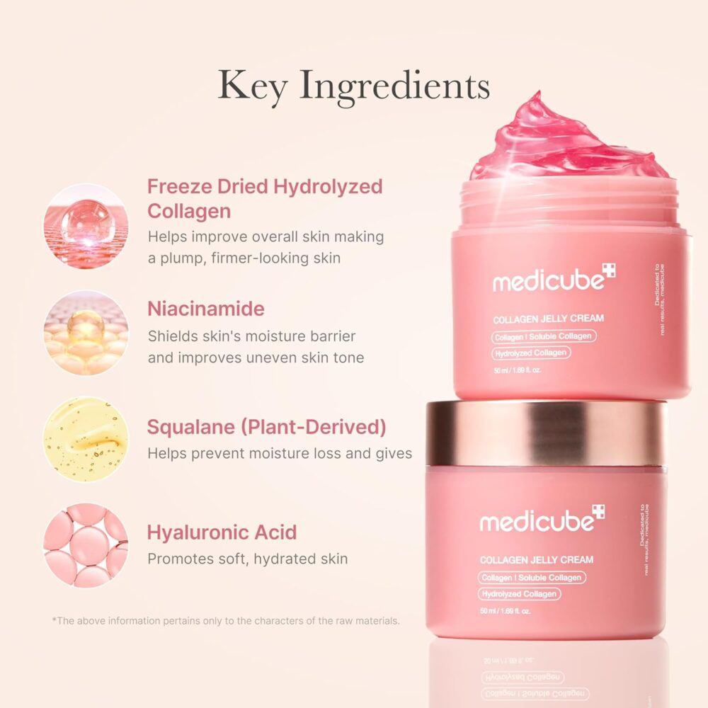 Pink skincare cream jars with key ingredients listed on a white background