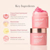 Pink skincare cream jars with key ingredients listed on a white background
