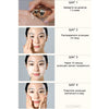 Step-by-step guide for using a facial serum with close-up images of a person applying it.