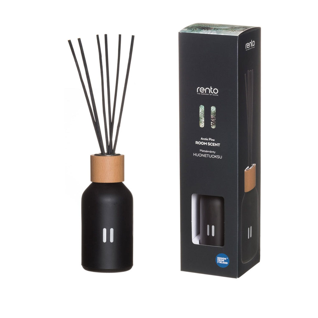 Black diffuser bottle with wooden cap and re nto packaging on a white background