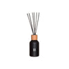 Black diffuser bottle with wooden cap and black sticks on a white background