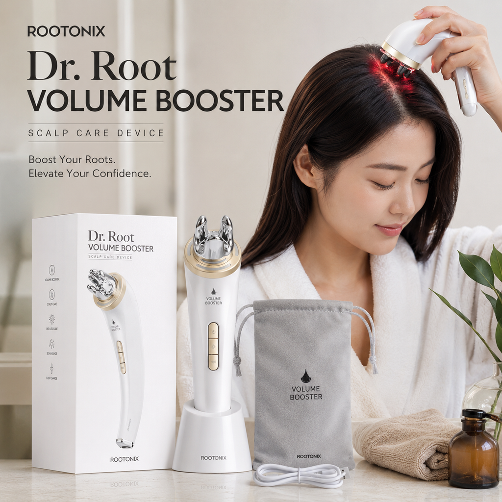 ROOTONIX Dr. Root Volume Booster scalp care device shown with a woman using the device on her scalp
