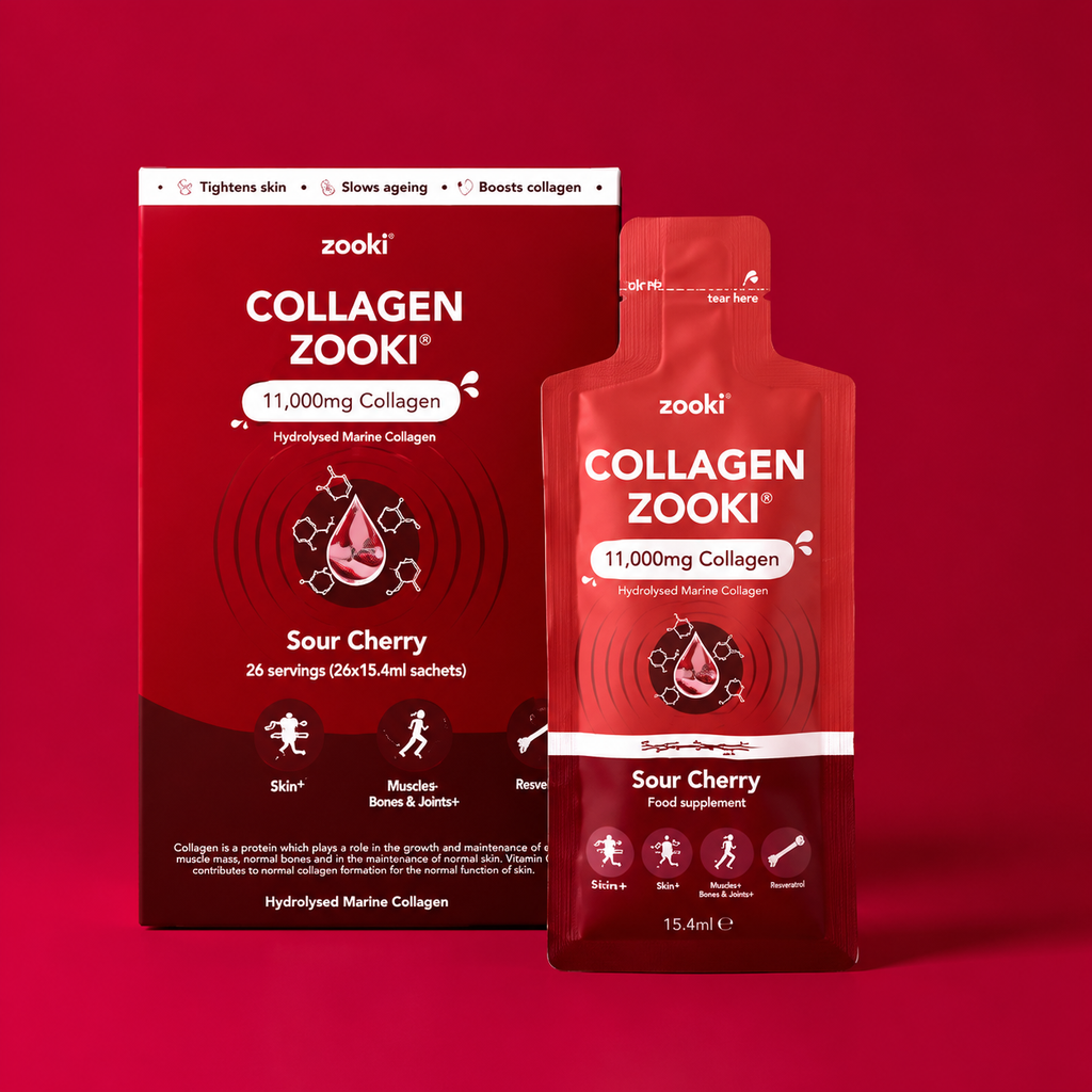 Collagen Zooki supplement packaging on a red background