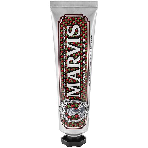 A tube of MARVIS toothpaste with sweet and sour rhubarb flavor, featuring branding and fluoride protection claims on the label.