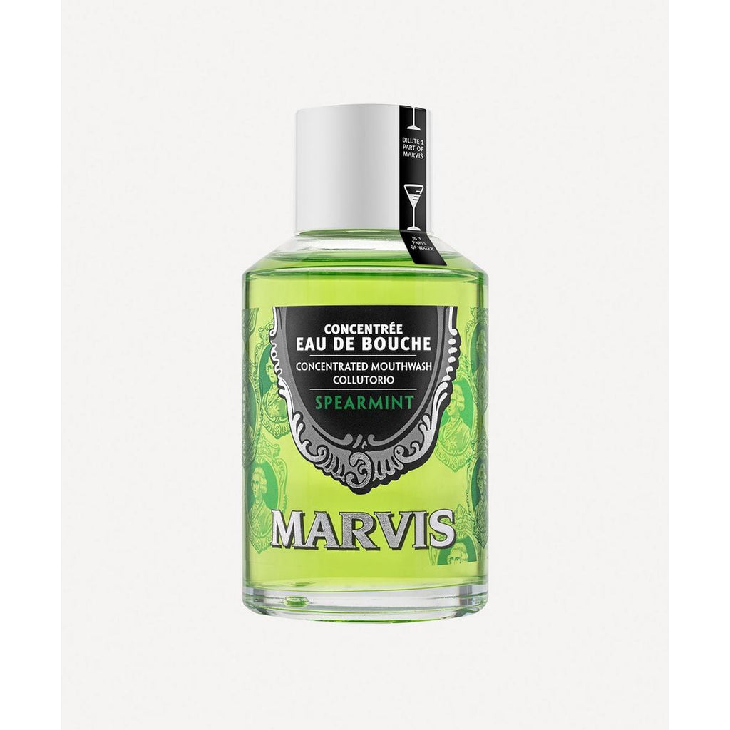 A bottle of Marvis Concentrated Spearmint Mouthwash with an apothecary-style label, predominantly green in color.