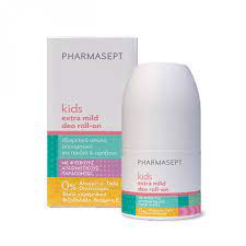 Pharmasept Extra Mild Kid Deo Roll-On packaging and product display, showing a white roll-on bottle with blue and green design elements and text indicating it is extra mild for children's sensitive skin.