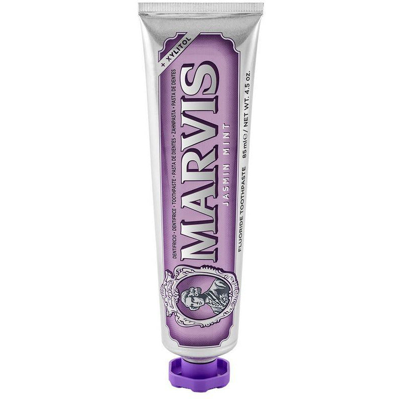 A tube of Marvis Jasmin Mint toothpaste with a purple label and cap.
